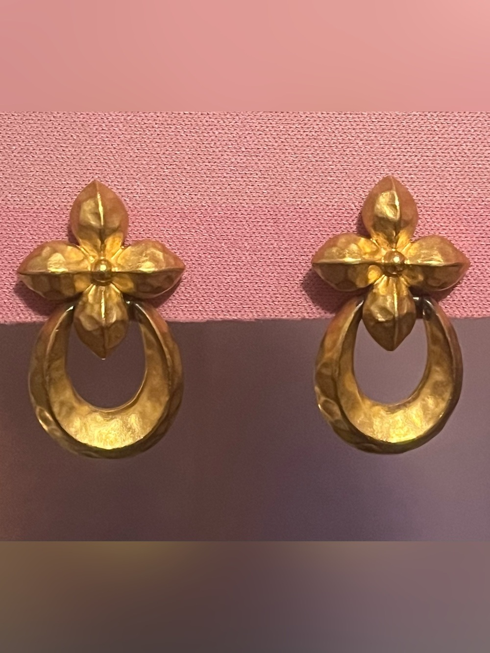 Vintage Napier Matte Gold-Tone Floral Hoop Drop Clip-On Earrings